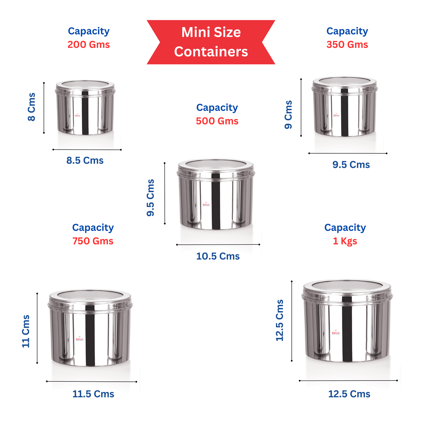Ebun Heavy Gauge See Through Stainless Steel Containers 200 Gms to 1 Kgs - Pack of 5
