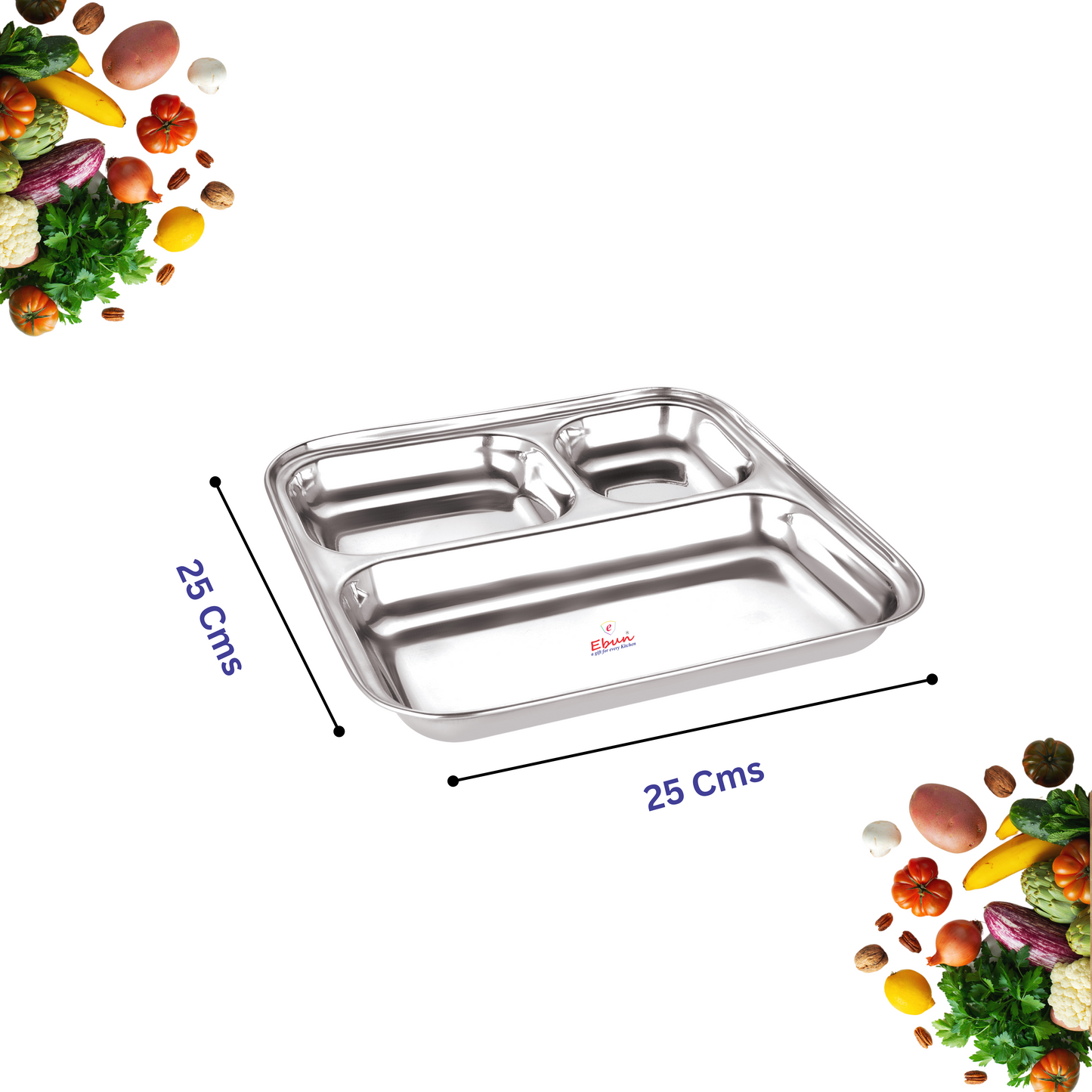 Ebun Stainless Steel Pav Bhaji Plate with Compartments - Pack of 3