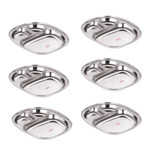 Ebun Stainless Steel Pav Bhaji Plate with Compartments - Pack of 6