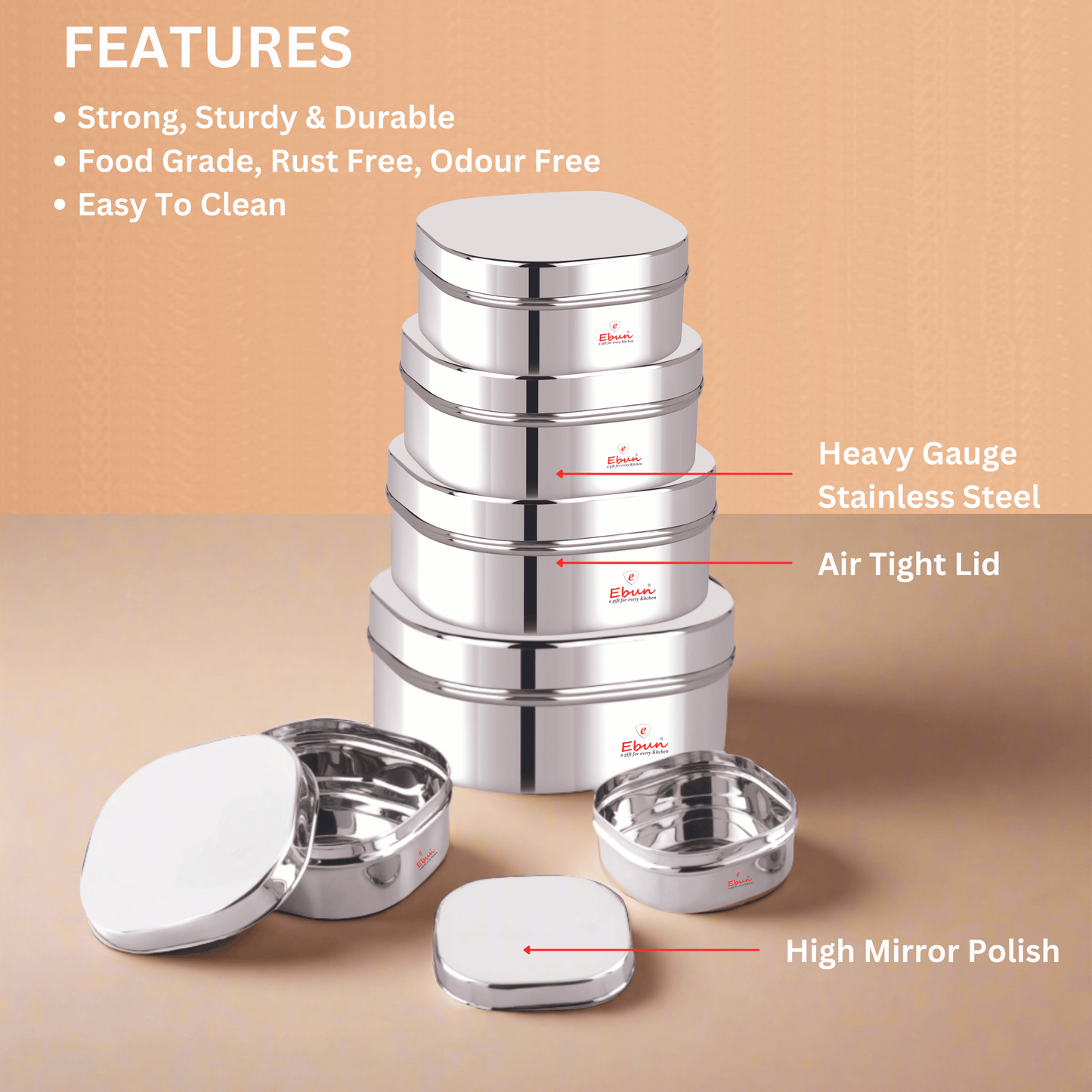 Ebun Mirror Polish Stainless Steel Chocolate Dabba 150 Ml to 750 Ml (Pack of 6)