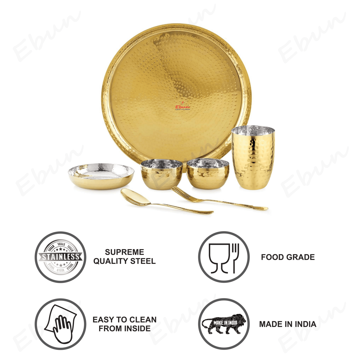 Ebun Stainless Steel 2 Side Hand Hammered & PVD Gold Plated Dinner Set - Pack of 6