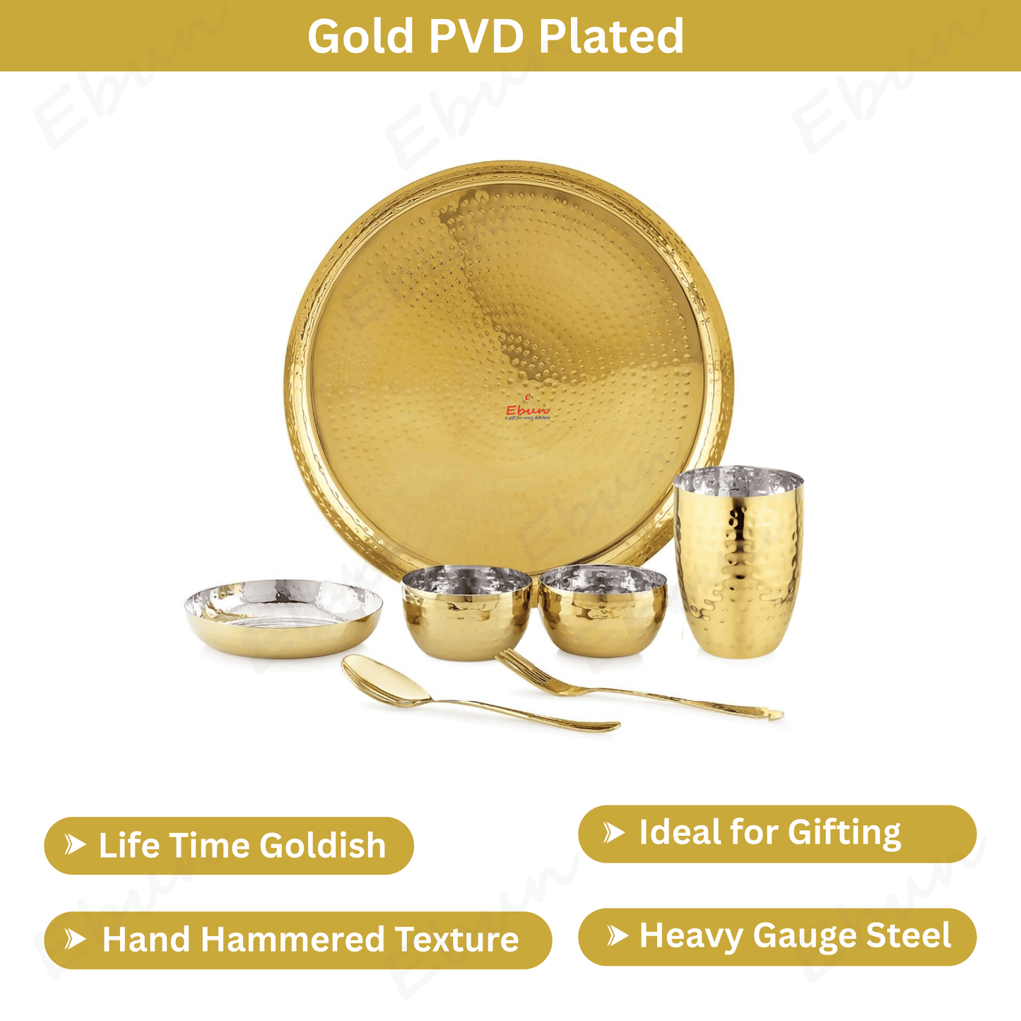 Ebun Stainless Steel 2 Side Hand Hammered & PVD Gold Plated Dinner Set - Pack of 2