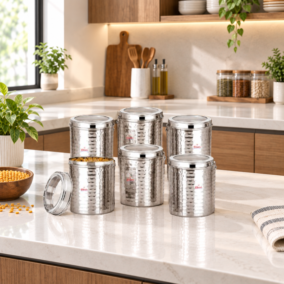 Ebun Hand Hammered Stainless Steel Top See Through Containers 500 Gms Capacity - Pack of 6