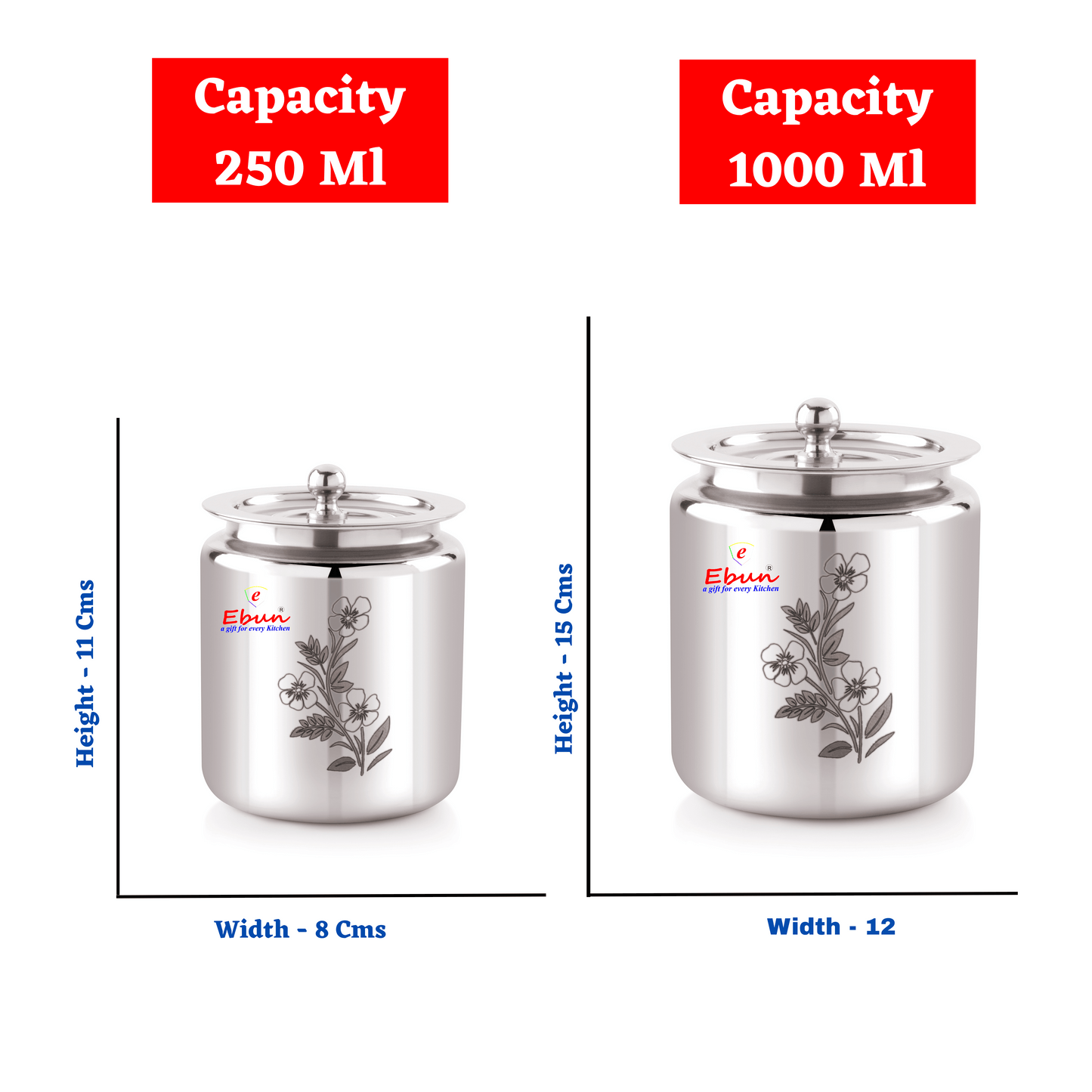 Ebun Stainless Steel Laser Finish Ghee Pot 250 & 1000 Ml Combo (Pack of 2)