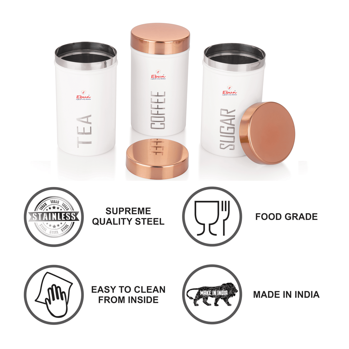 Ebun Stainless Steel Tea Sugar Coffee Containers Set of 3 with the Capacity of 500 Gms Each