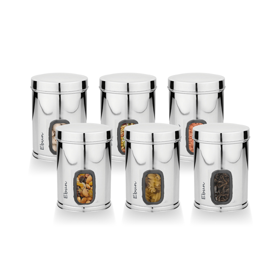 Set of Ebun silver canisters on a white background