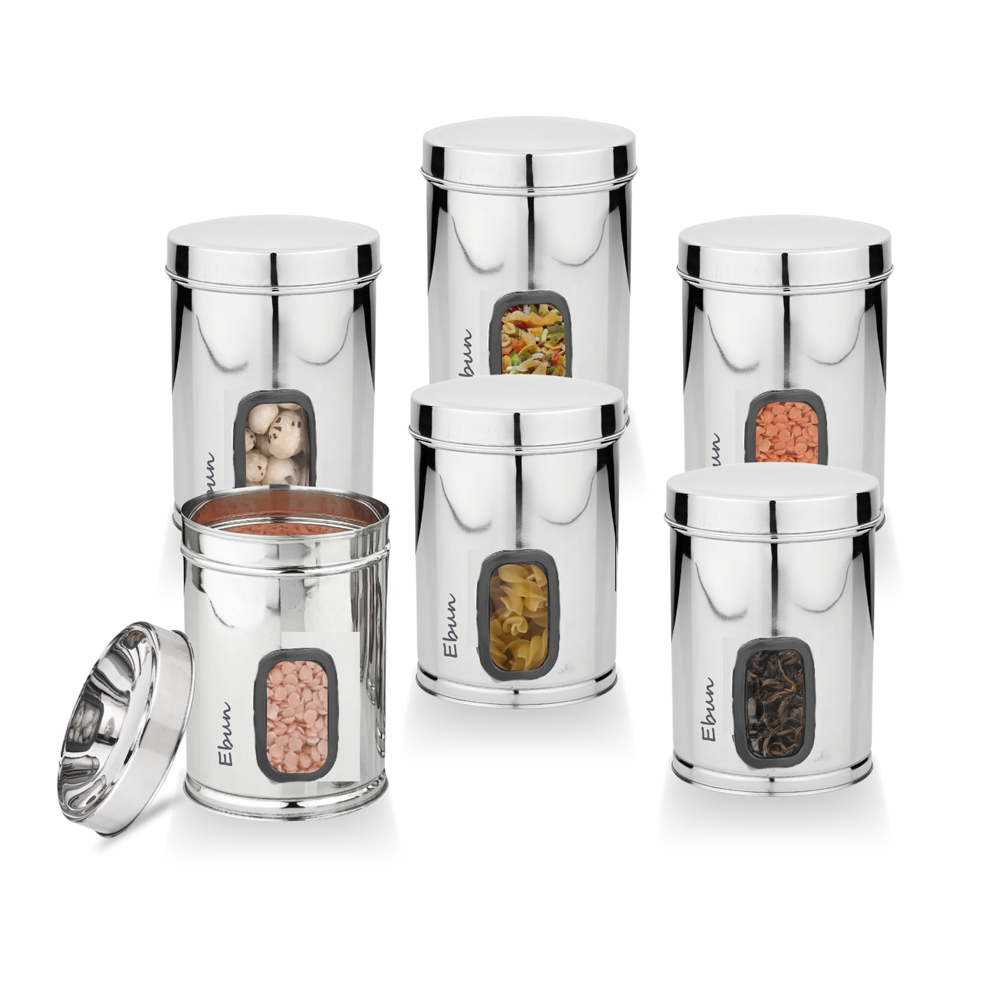 Set of Ebun silver containers with on a white background.