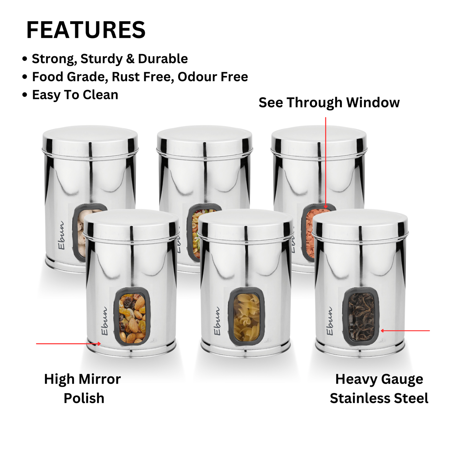 Ebun Stainless steel storage canisters with features highlighted on a white background