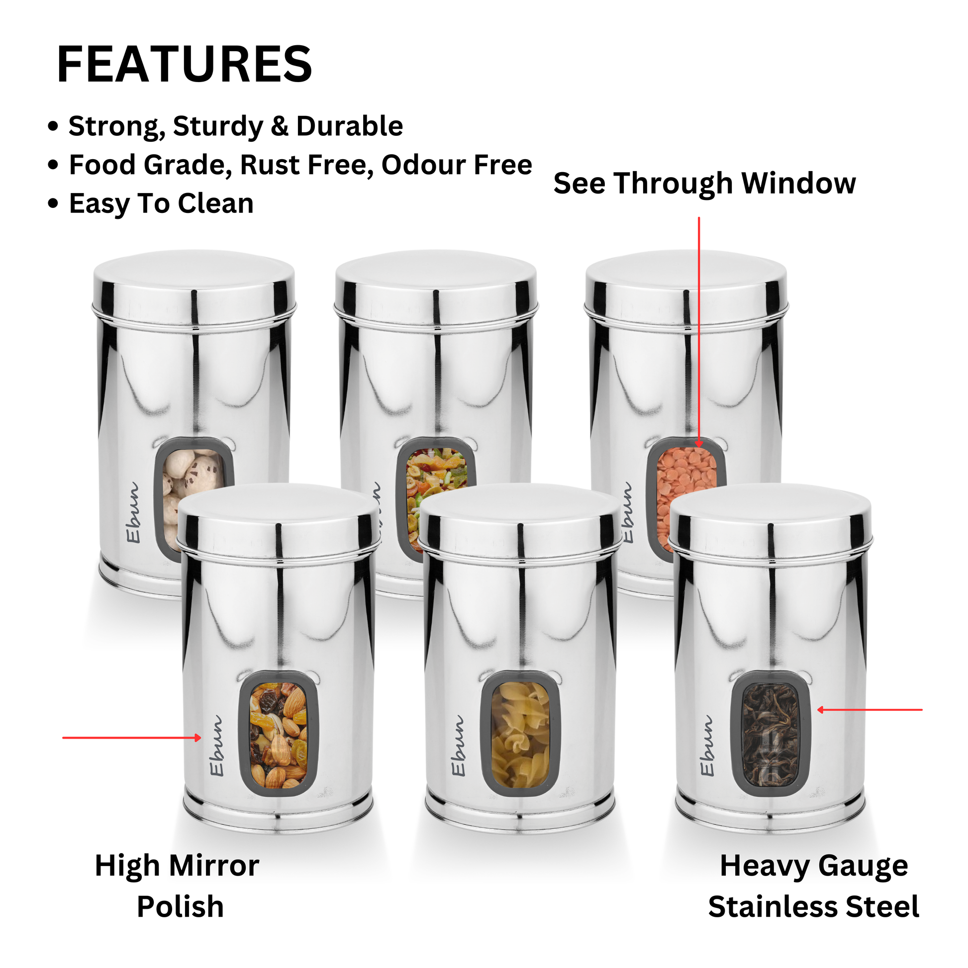 Set of Ebun stainless steel canisters with features highlighted on a white background