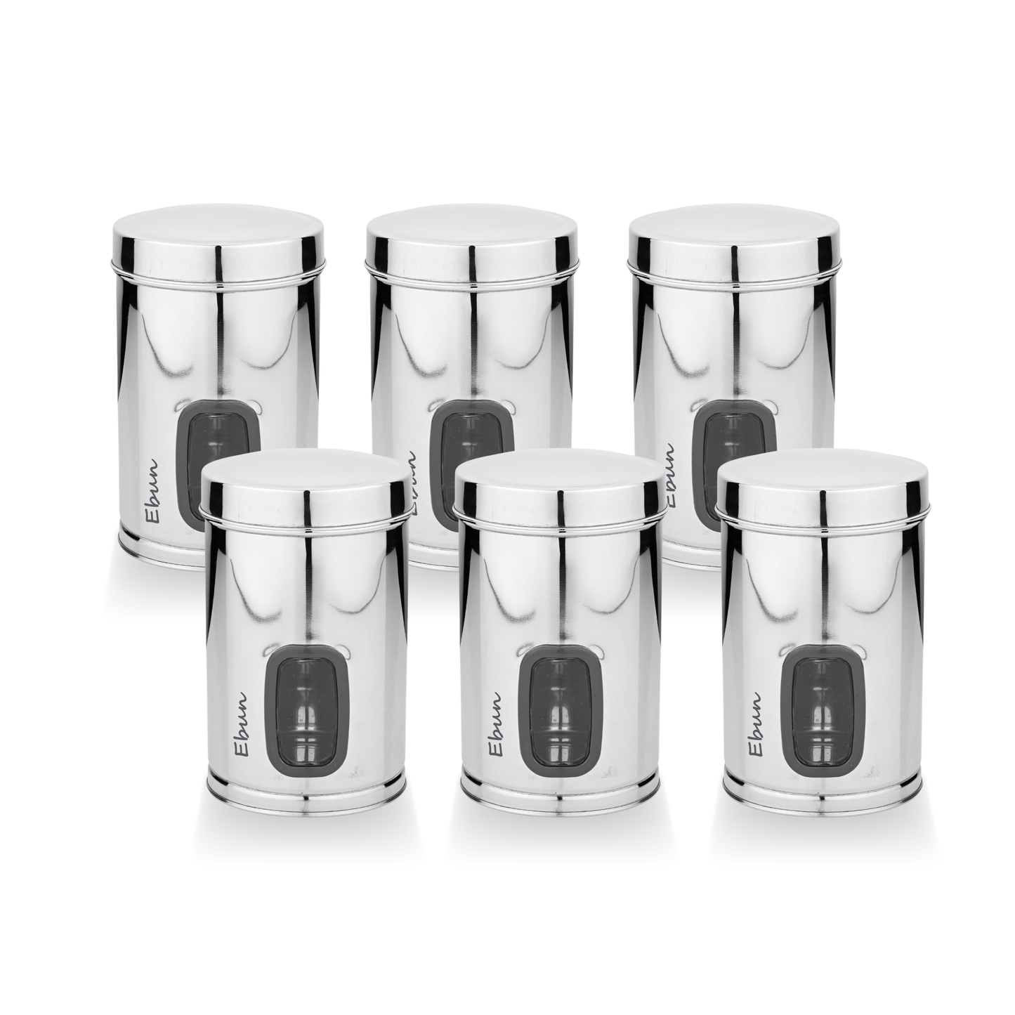 Set of six silver canisters with 'Ebun' branding on a white background