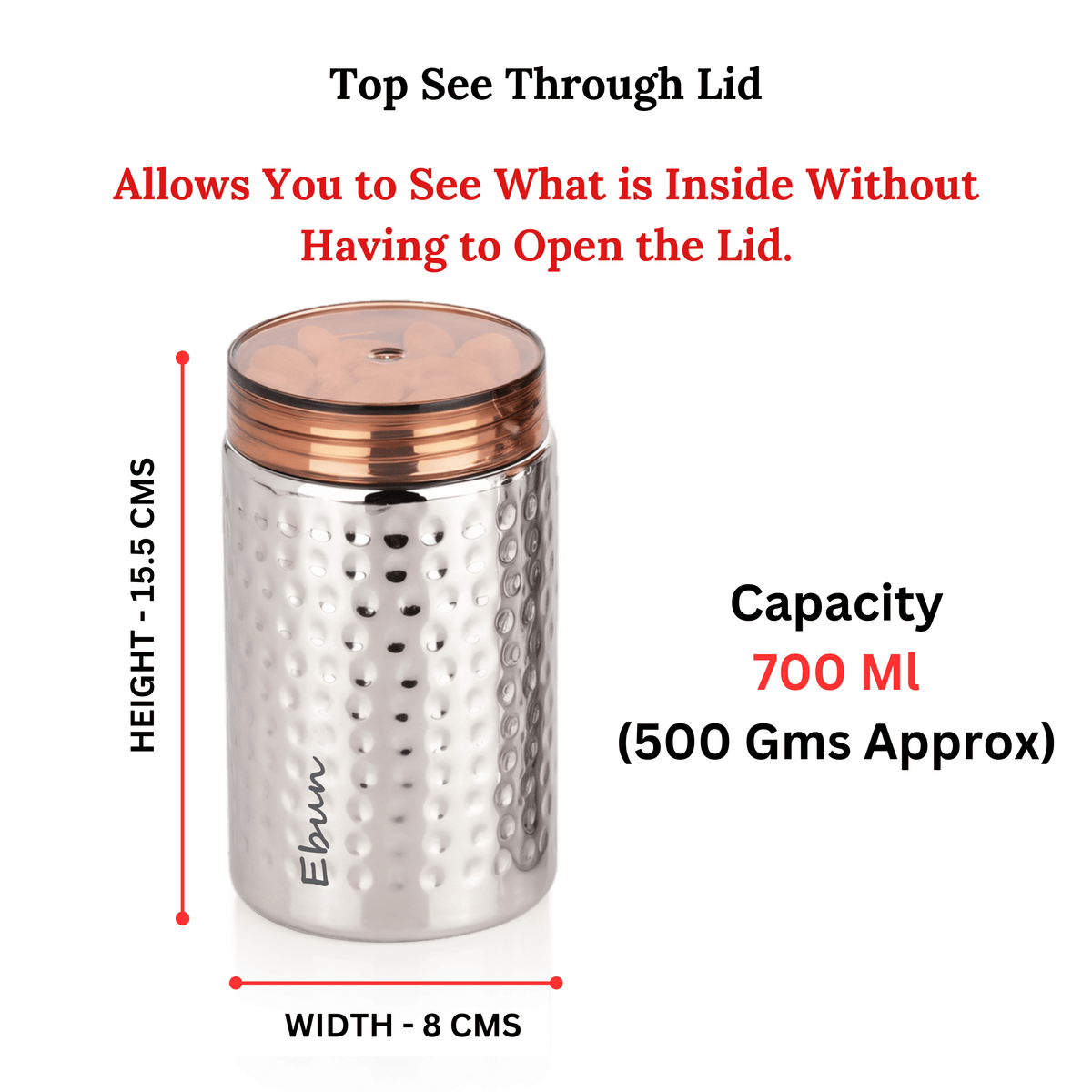 Ebun hand hammered stainless steel kitchen container, 700 ml, image 2