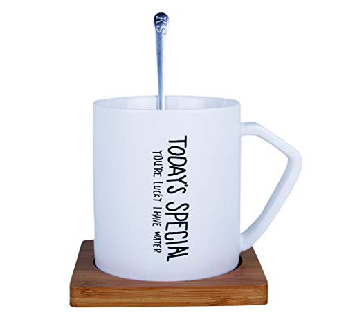 Ebun 'Today's Special' Quote Printed Ceramic Coffee Mug with Wooden Coaster and Spoon 1 Piece, White, 350 ml