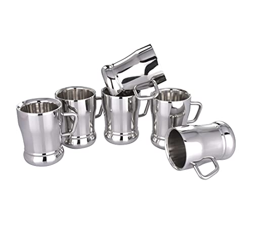Ebun Stainless Steel Small Double Wall Tea Cups Set of 6 Silver 80 Ml