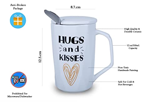 Ebun Heart Print Ceramic Coffee Tea Milk Mug Cup for Gift Ceramic Mugs with Lid and Spoon Ideal for Gifts 350 ml