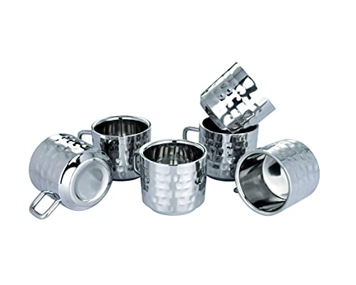 Ebun Stainless Steel Double Wall Hammered Small Size Tea Coffee Cups Set of 6 Small Size 60 Ml