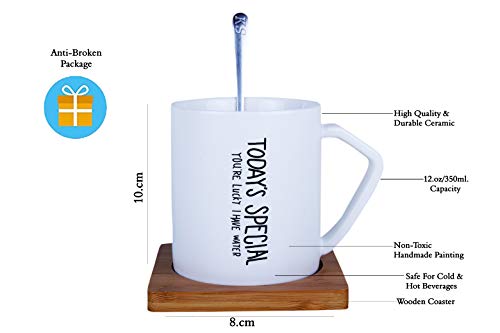 Ebun 'Today's Special' Quote Printed Ceramic Coffee Mug with Wooden Coaster and Spoon 1 Piece, White, 350 ml