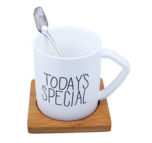 Ebun 'Today's Special' Printed Ceramic Coffee Mug with Wooden Coaster and Spoon 1 Piece, White, 350 ml