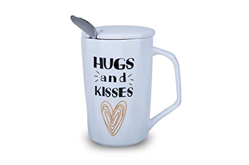Ebun Heart Print Ceramic Coffee Tea Milk Mug Cup for Gift Ceramic Mugs with Lid and Spoon Ideal for Gifts 350 ml