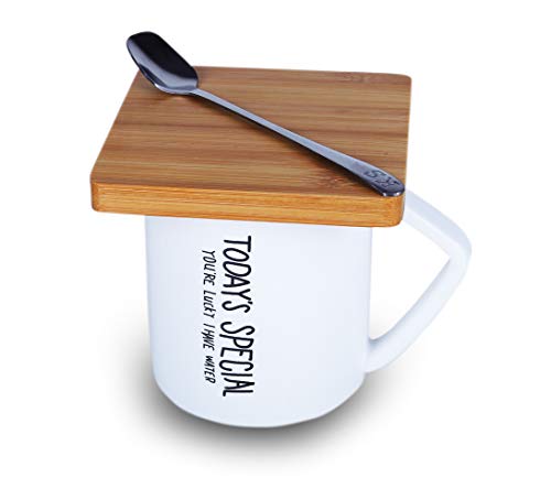 Ebun 'Today's Special' Quote Printed Ceramic Coffee Mug with Wooden Coaster and Spoon 1 Piece, White, 350 ml