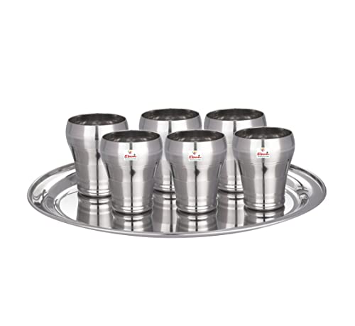 Ebun Stainless Steel Silver Touch Drinking Glass Set with Serving Tray 300 Ml