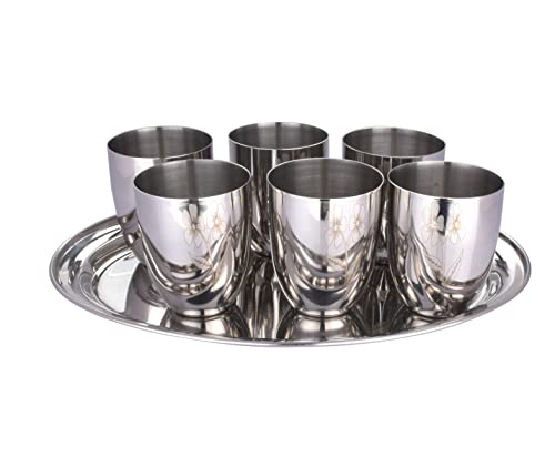 Ebun Stainless Steel Laser Finish Drinking Glass Set with Serving Tray 300 Ml