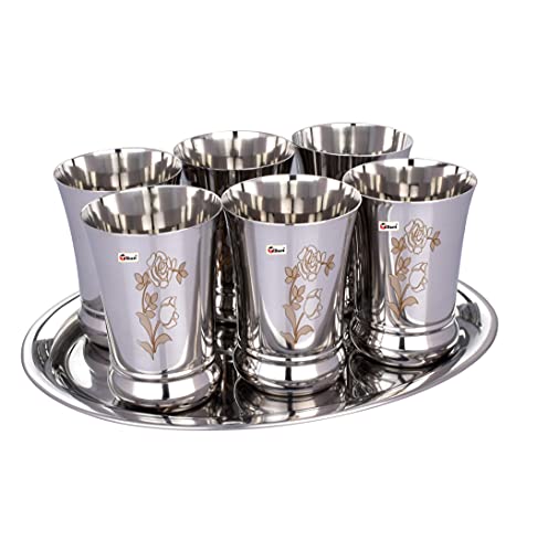 Ebun Laser Finish Stainless Steel Drinking Glass Set with Serving Tray 350 Ml