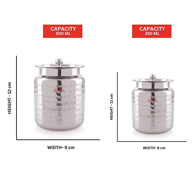 Ebun Hand Hammered Finish Stainless Steel Ghee Pot 250 & 500 Ml Combo (Pack of 2)