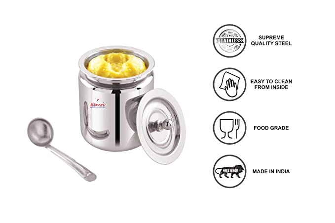 Ebun Stainless Steel Mirror Polished Plain Ghee Pot 1000 Ml