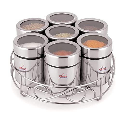 EBun Stainless Steel Mirror Polished 7 in 1 Spice Containers Set With Organiser