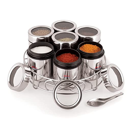 EBun Stainless Steel Mirror Polished 7 in 1 Spice Containers Set With Organiser