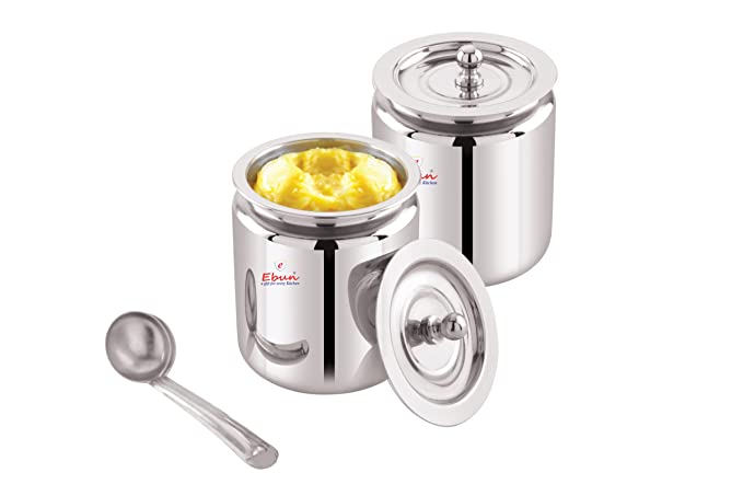 Ebun Stainless Steel Mirror Polished Plain Ghee Pot 250 & 500 Ml Combo (Pack of 2)