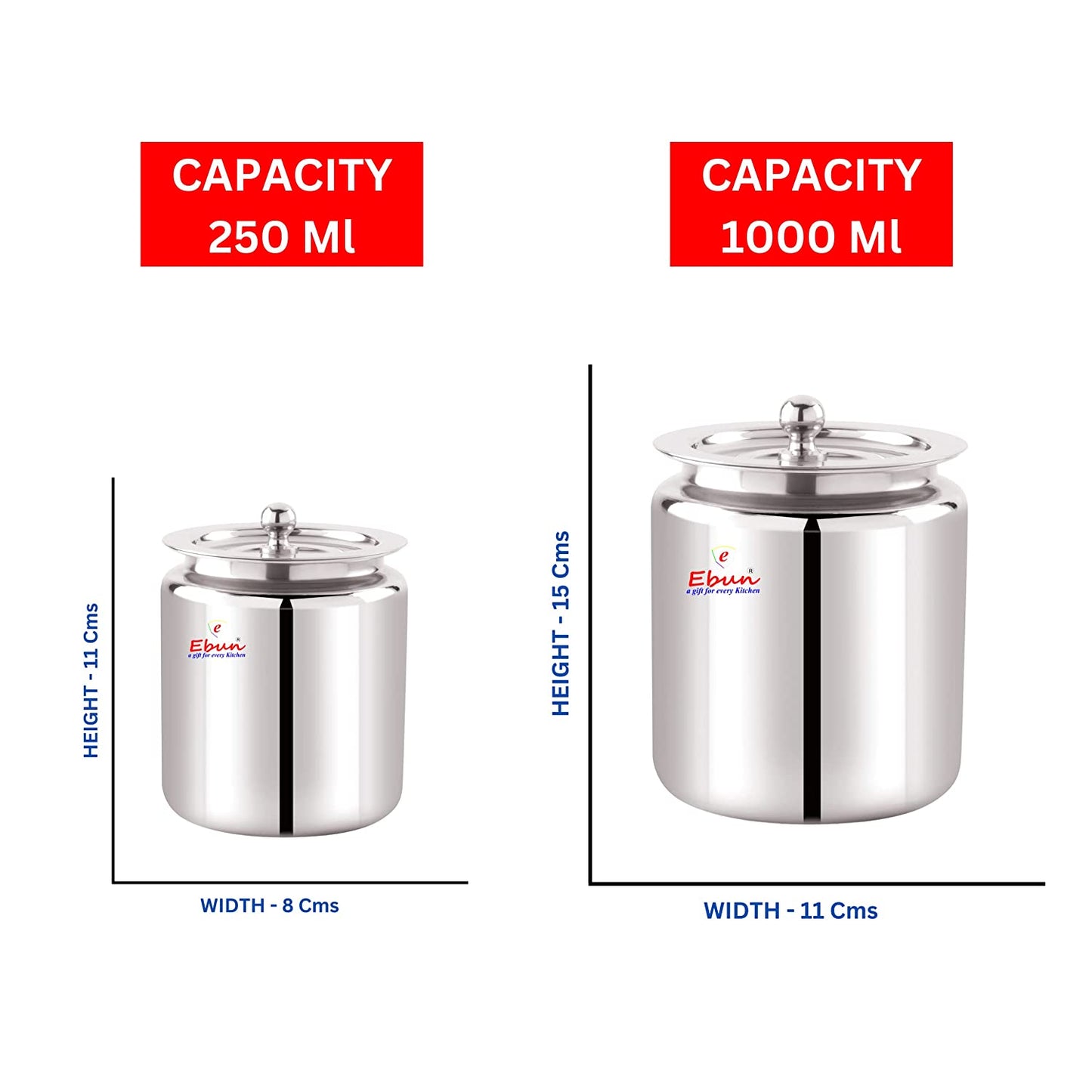 Ebun Stainless Steel Mirror Polished Plain Ghee Pot 250 & 1000 Ml Combo (Pack of 2)