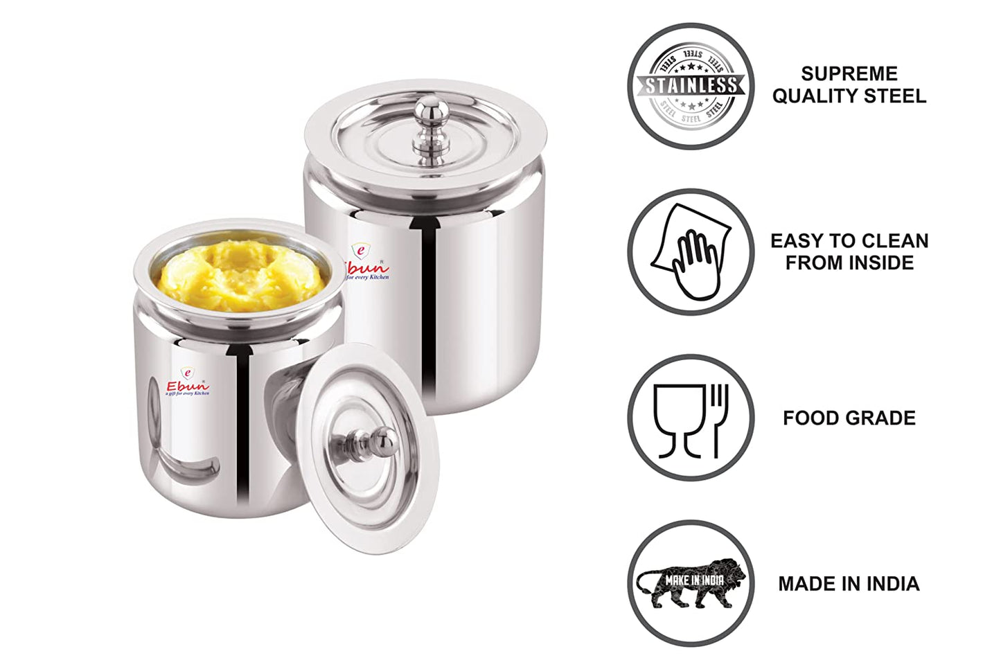 Ebun Stainless Steel Mirror Polished Plain Ghee Pot 250 & 500 Ml Combo (Pack of 2)