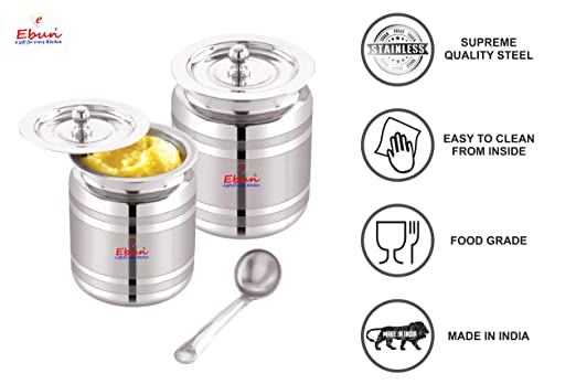 Ebun Stainless Steel Silver Touch Ghee Pot 250 & 500 Ml Combo (Pack of 2)