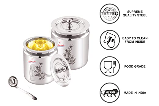 Ebun Stainless Steel Silver Laser Finish Pot 250 Ml (Pack of 2)