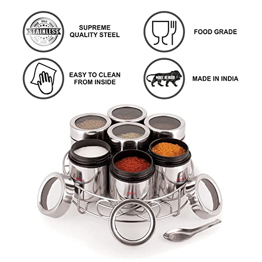 EBun Stainless Steel Mirror Polished Spice Containers Set With Organiser