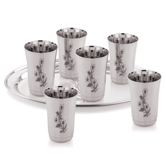 Ebun Laser Finish Stainless Steel Glass Set with Serving Tray 350 Ml