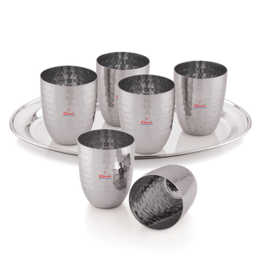 Ebun Stainless Steel Hand Hammered Design Drinking Glass Set with Serving Tray 300 Ml