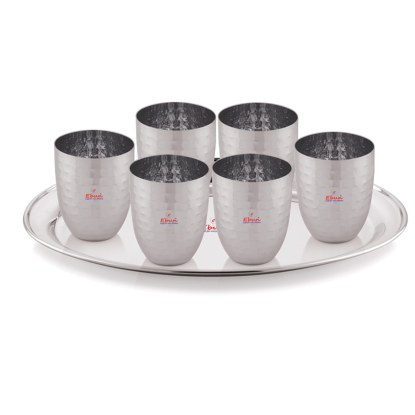 Ebun Stainless Steel Hand Hammered Design Drinking Glass Set with Serving Tray 300 Ml
