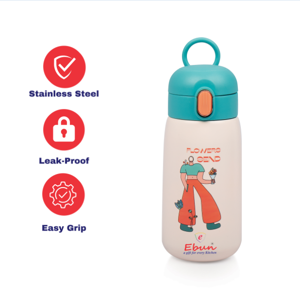 Ebun Double Walled Vacuum Insulated Stainless Steel Water Bottle for Kids (Set of 1) - 420 Ml