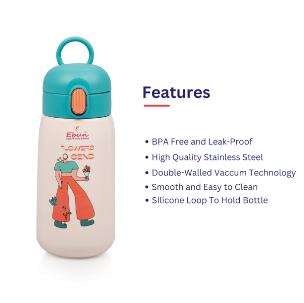 Ebun Double Walled Vacuum Insulated Stainless Steel Water Bottle for Kids (Set of 1) - 420 Ml