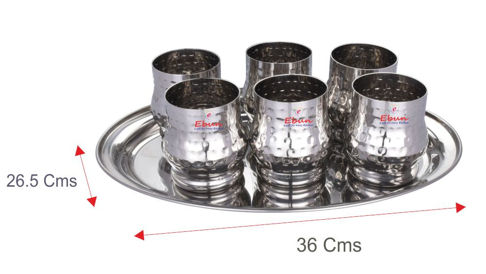 Ebun Hand Hammered Stainless Steel Drinking Glass Set with Serving Tray 300 Ml