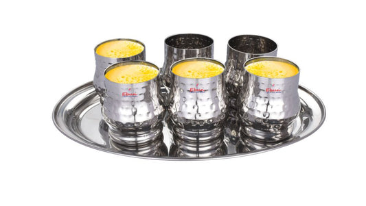Ebun Hand Hammered Stainless Steel Drinking Glass Set with Serving Tray 300 Ml